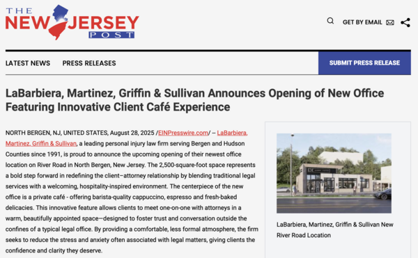 Image for The New Jersey Post: LaBarbiera, Martinez, Griffin & Sullivan Announces Opening of New Office Featuring Innovative Client Café Experience